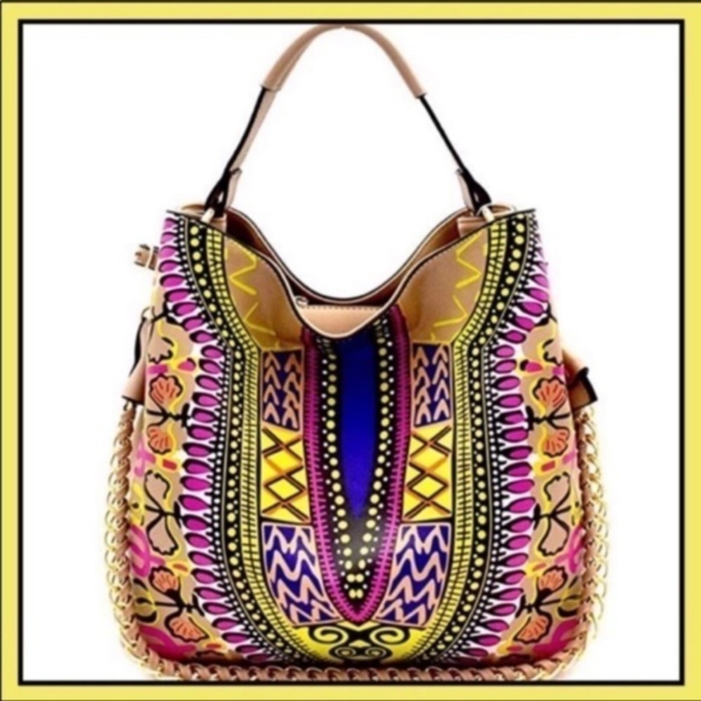 Bohemian satchel tan tribal print shoulder strap with chain zip top